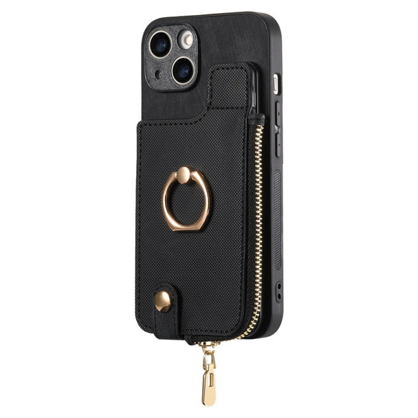 For iPhone 7/8 / SE 2022 Cross Leatherette Ring Vertical Zipper Wallet Back Phone Case(Black)