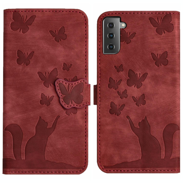 For Samsung Galaxy S22+ 5G Butterfly Cat Embossing Flip Leatherette Phone Case(Red)