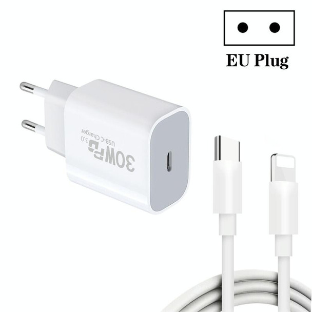 Single Port PD30W USB-C / Type-C Charger with Type-C to 8 Pin Data Cable EU Plug