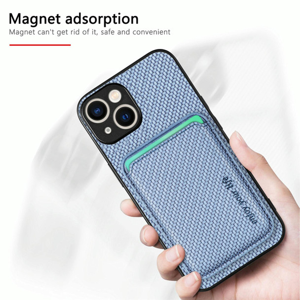 For iPhone 15 Carbon Fiber Leatherette Card Magsafe Phone Case(Blue)