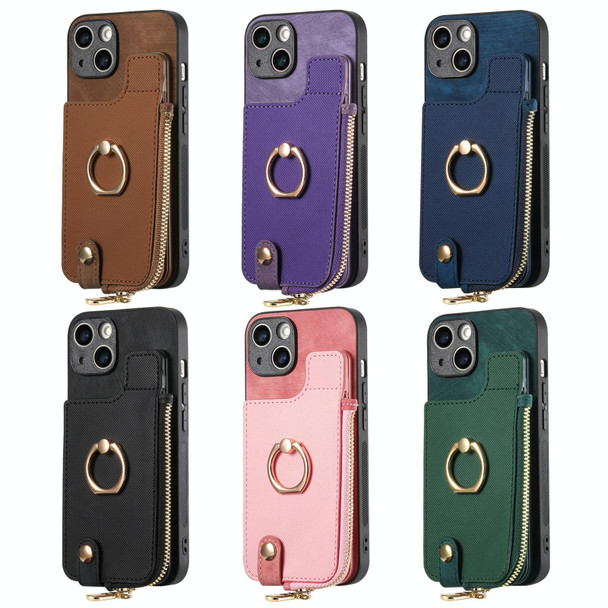 For iPhone 7/8 / SE 2022 Cross Leatherette Ring Vertical Zipper Wallet Back Phone Case(Blue)