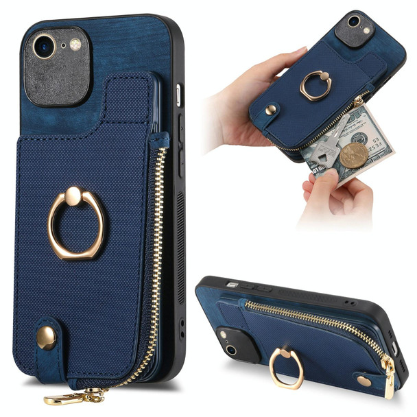 For iPhone 7/8 / SE 2022 Cross Leatherette Ring Vertical Zipper Wallet Back Phone Case(Blue)