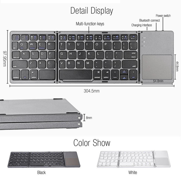 B033 Rechargeable 3-Folding 64 Keys Bluetooth Wireless Keyboard with Touchpad(Silver)