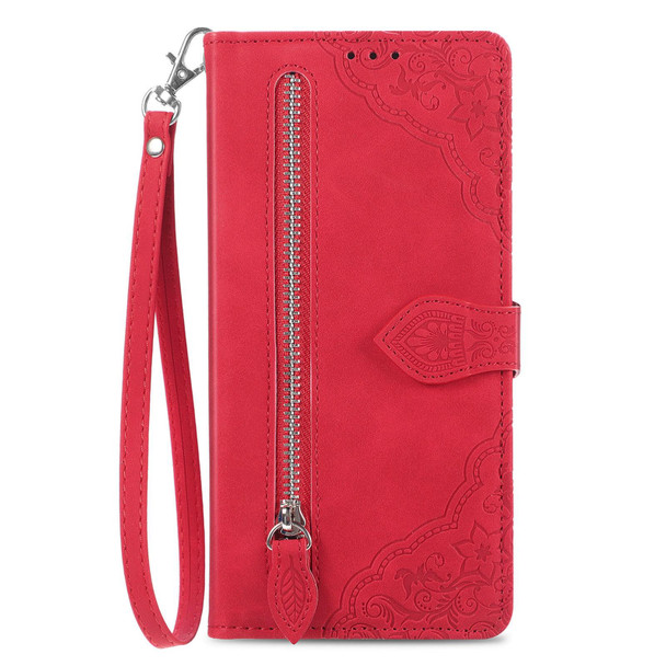 For  Motorola Moto  G14 Embossed Flower Zipper Leatherette Phone Case(Red)