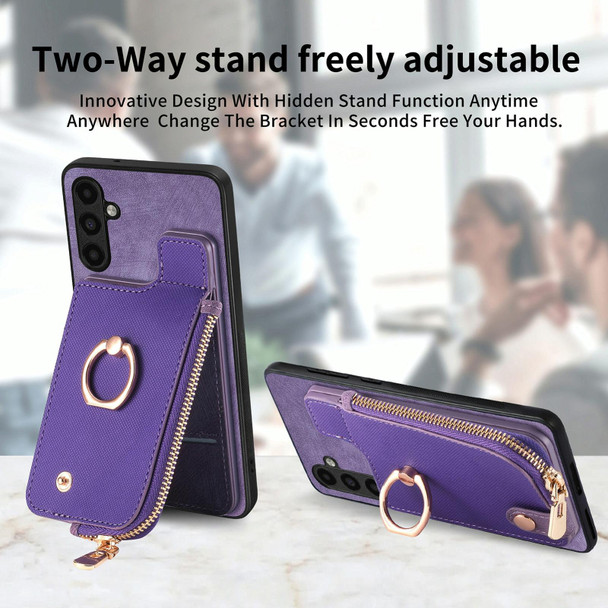 For Samsung Galaxy Note20 Cross Leatherette Ring Vertical Zipper Wallet Back Phone Case(Purple)