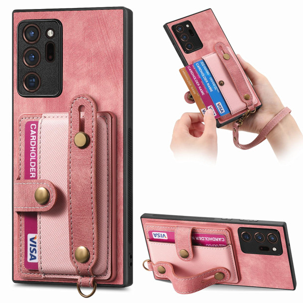 For Samsung Galaxy Note20 Ultra Retro Cross Wristband Wallet Leatherette Back Phone Case(Pink)