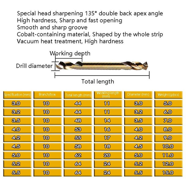 5 PCS M35 Cobalt-Containing Twist Drill Bit High-Speed Steel Double Head Metal Steel Plate Expansion Hole Drill, Model: Double Head 3.2mm