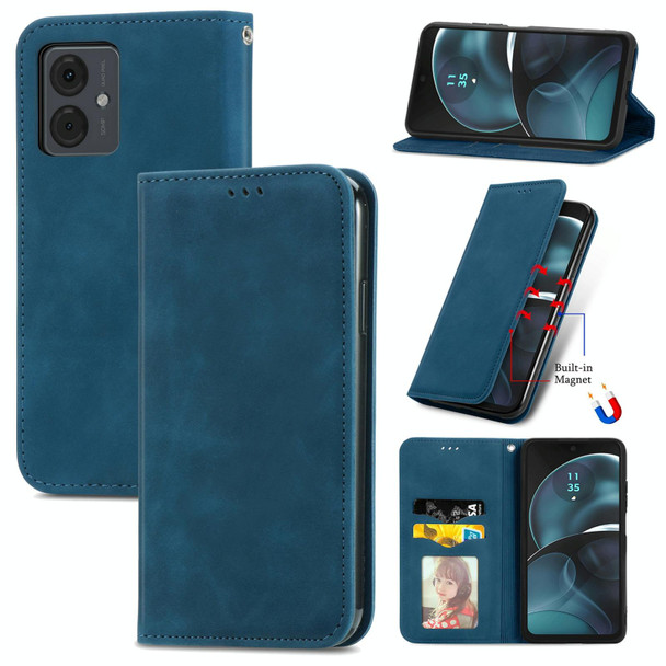 For Motorola Moto G14 Retro Skin Feel Magnetic Flip Leatherette Phone Case(Blue)