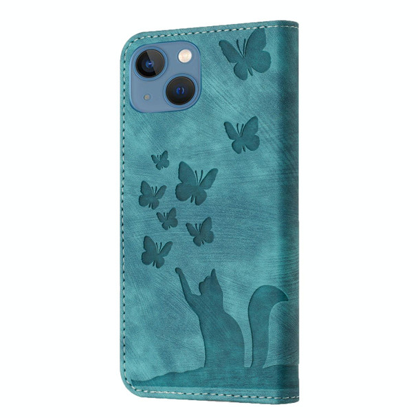 For iPhone 13 mini Butterfly Cat Embossing Flip Leatherette Phone Case(Wathet)