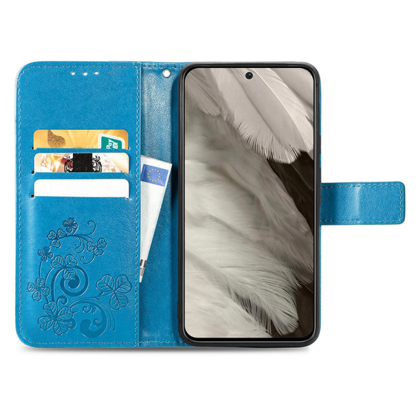 For Google  Pixel 8 Four-leaf Clasp Embossed Leatherette Phone Case(Blue)
