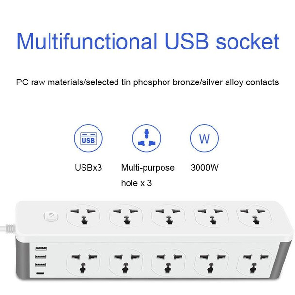 D15 2m 3000W 10 Plugs + PD + 3-USB Ports Vertical Socket With Switch, Specification: Three-pin US Plug