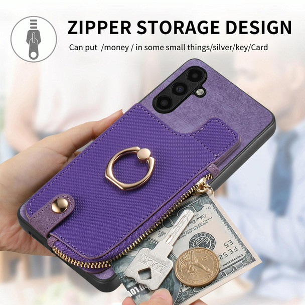 For Samsung Galaxy S21 FE 5G Cross Leatherette Ring Vertical Zipper Wallet Back Phone Case(Purple)