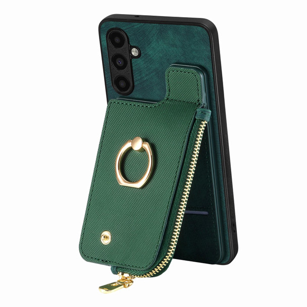 For Samsung Galaxy Note20 Cross Leatherette Ring Vertical Zipper Wallet Back Phone Case(Green)