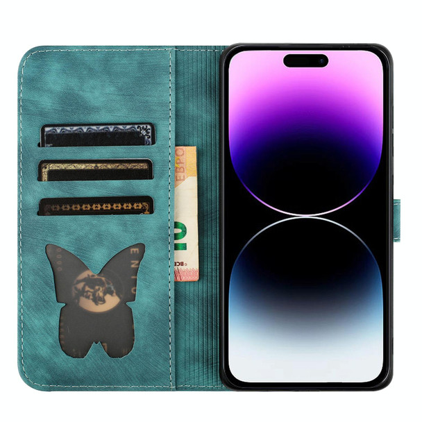 For iPhone 14 Pro Max Butterfly Cat Embossing Flip Leatherette Phone Case(Wathet)