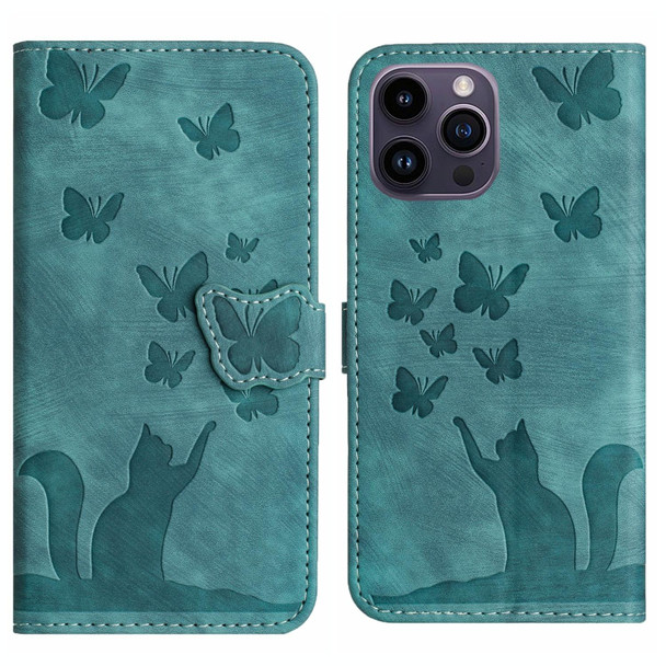 For iPhone 14 Pro Max Butterfly Cat Embossing Flip Leatherette Phone Case(Wathet)