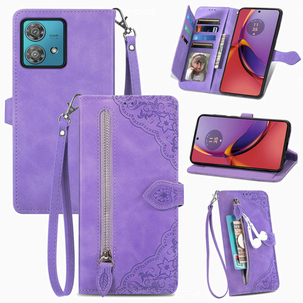For Motorola Moto G84 Embossed Flower Zipper Leatherette Phone Case(Purple)