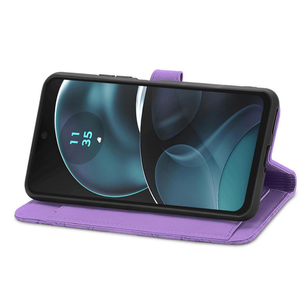 For  Motorola Moto  G14 Embossed Flower Zipper Leatherette Phone Case(Purple)
