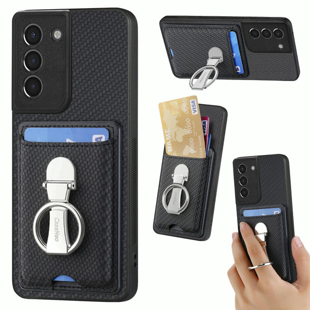 For Samsung Galaxy S21 5G Carbon Fiber Card Wallet Folding Ring Holder Phone Case(Black)