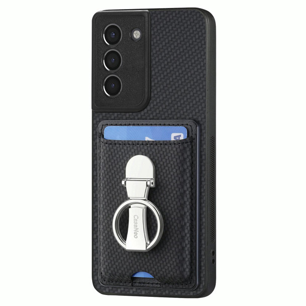 For Samsung Galaxy S21 5G Carbon Fiber Card Wallet Folding Ring Holder Phone Case(Black)