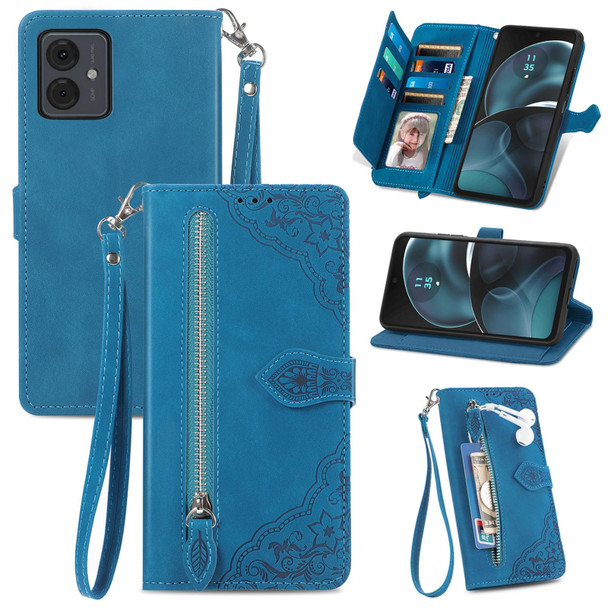 For  Motorola Moto  G14 Embossed Flower Zipper Leatherette Phone Case(Blue)