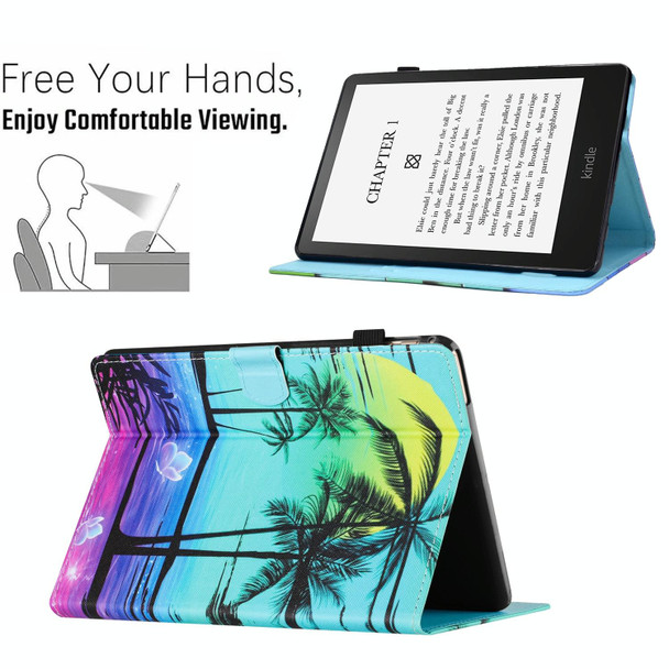 For Amazon Kindle Paperwhite 5 2021 Colored Drawing Stitching Leatherette Tablet Smart Case(Coconut Tree)