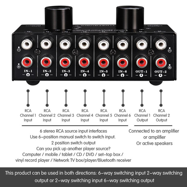 B026 6 Input 2 Output Or 2 Input 6 Output Audio Signal Source Selection Switcher RCA Port