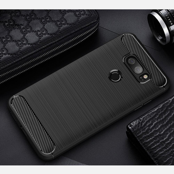LG V30 Brushed Texture Carbon Fiber Shockproof TPU Rugged Armor Protective Case (Black)