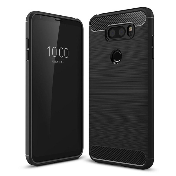 LG V30 Brushed Texture Carbon Fiber Shockproof TPU Rugged Armor Protective Case (Black)