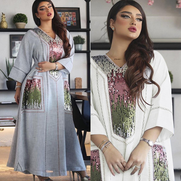 Women Sequin Embroidered Robe Dress (Color:Gray Size:L)
