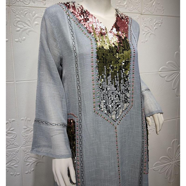 Women Sequin Embroidered Robe Dress (Color:Gray Size:XXL)