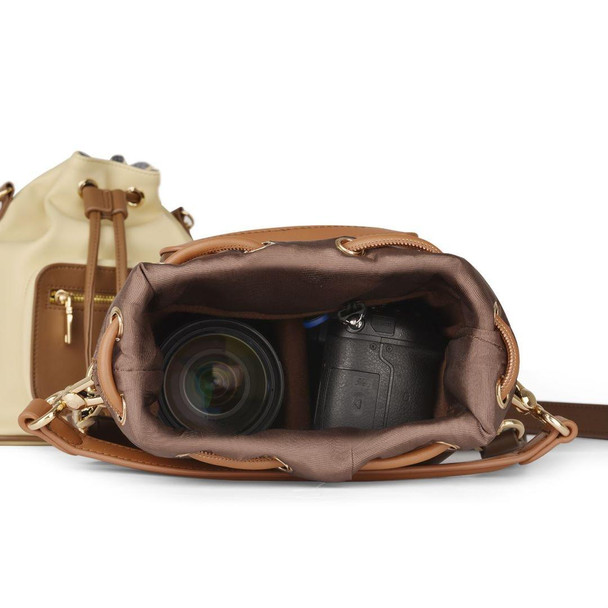 Cwatcun D82 Bundle Drawstring Lens Bag PU Crossbody Camera Bag(Beige)