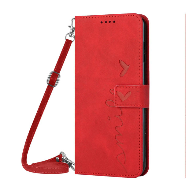 For OPPO A38 / Oppo A18 Skin Feel Heart Embossed Leatherette Phone Case with Long Lanyard(Red)