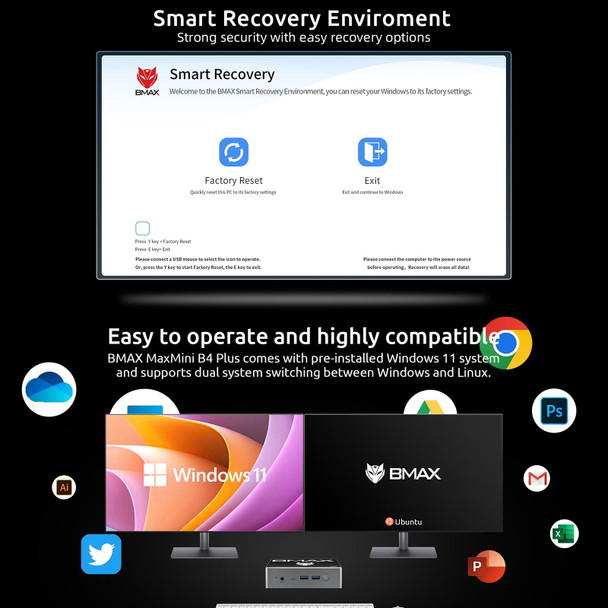 BMAX B4 Plus Windows 11 Mini PC, 16GB+512GB, Intel Alder Lake N100, Support Dual HDMI / RJ45(EU Plug)