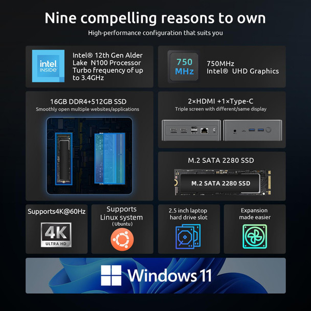 BMAX B4 Plus Windows 11 Mini PC, 16GB+512GB, Intel Alder Lake N100, Support Dual HDMI / RJ45(EU Plug)