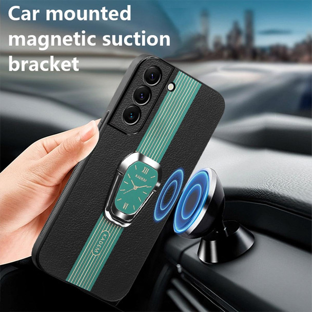 For Samsung Galaxy S22+ 5G Magnetic Litchi Leatherette Back Phone Case with Holder(Green)