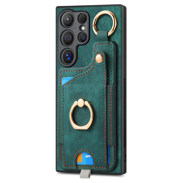 For Samsung Galaxy Note20 Retro Skin-feel Ring Card Bag Phone Case with Hang Loop(Green)