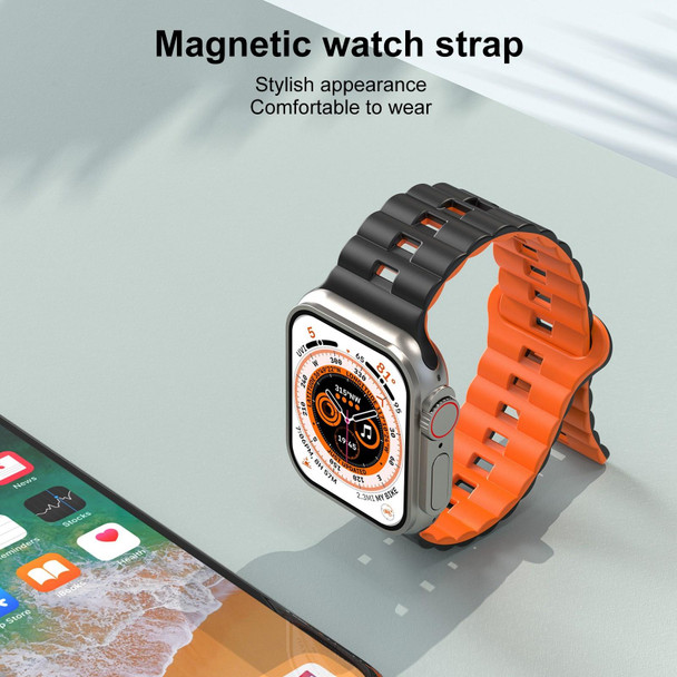 For Apple Watch SE 2023 44mm Reverse Buckle Two Color Magnetic Silicone Watch Band(Midnight Blue+Orange)