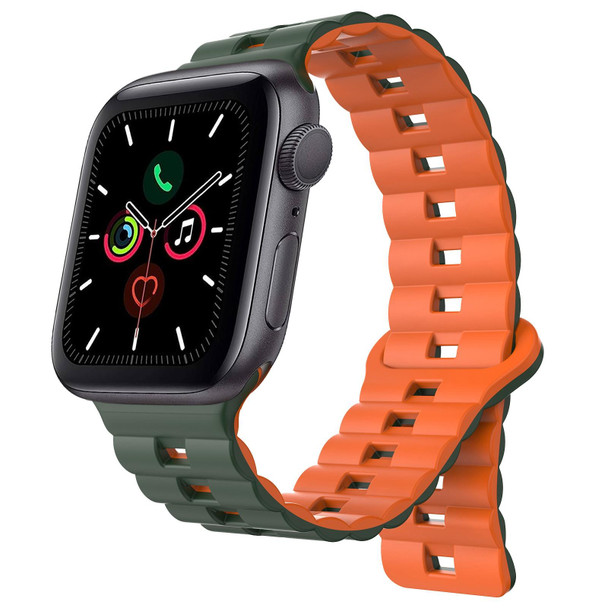 For Apple Watch Series 5 40mm Reverse Buckle Two Color Magnetic Silicone Watch Band(Olive Green+Orange)