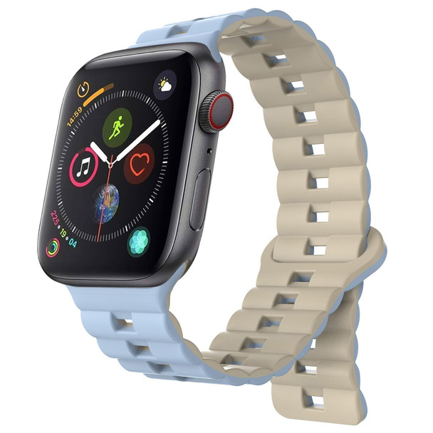 For Apple Watch Series 4 44mm Reverse Buckle Two Color Magnetic Silicone Watch Band(Blue+Starlight)