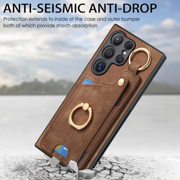 For Samsung Galaxy S20+ Retro Skin-feel Ring Card Bag Phone Case with Hang Loop(Brown)