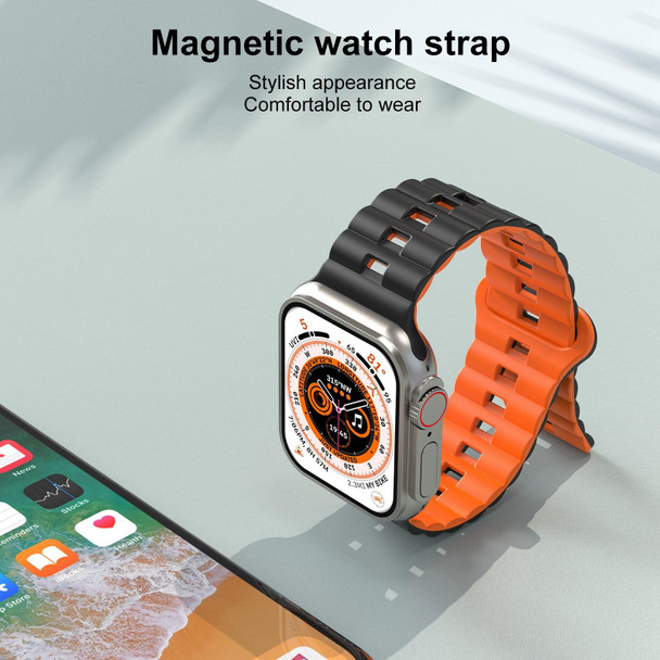 For Apple Watch SE 2022 44mm Reverse Buckle Two Color Magnetic Silicone Watch Band(Black+Orange)