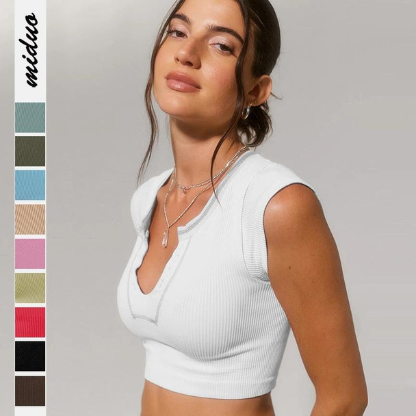 Women Sexy Sleeveless Racer Back Tank Ribbed V Neck Crop Tops, Size: L(White)