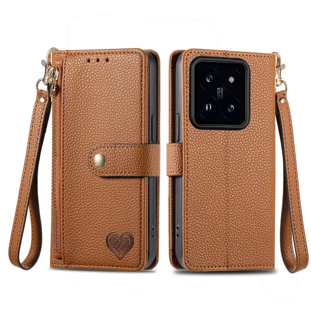 For Xiaomi 14pro Love Zipper Lanyard Leather Phone Case(Brown)