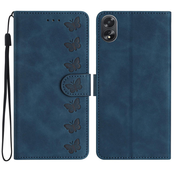 For OPPO A58 Seven Butterflies Embossed Leatherette Phone Case(Blue)