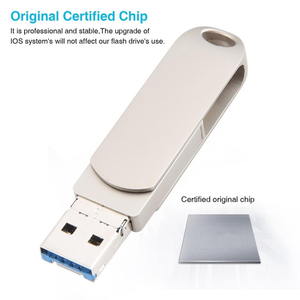 3 in 1 64G Micro USB + 8 Pin + Type-C Metal Rotating Push-pull Flash Disk with OTG Function (Silver)