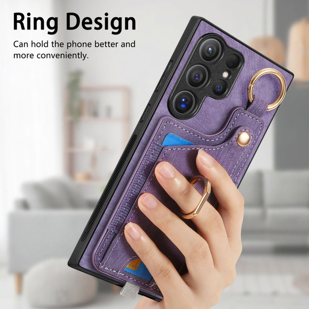 For Samsung Galaxy S22+ 5G Retro Skin-feel Ring Card Bag Phone Case with Hang Loop(Purple)