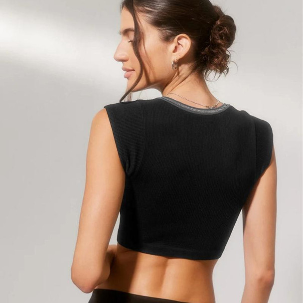 Women Sexy Sleeveless Racer Back Tank Ribbed V Neck Crop Tops, Size: M(Black)