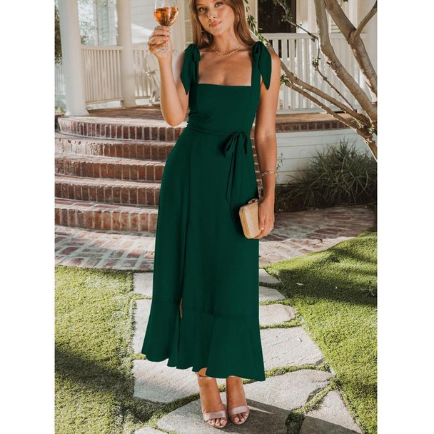 Women Elegant Slit Dress Commuting Sleeveless Knot Suspender Dress, Size: XL(Dark Green)