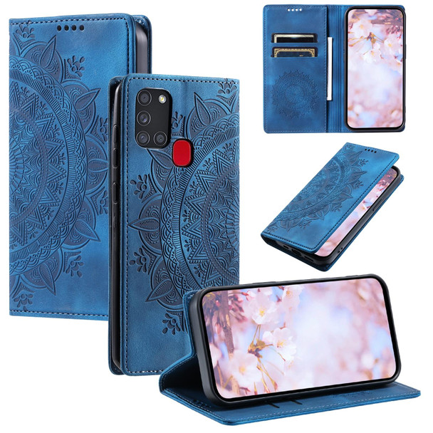 For Samsung Galaxy A21s Totem Embossed Magnetic Leatherette Phone Case(Blue)