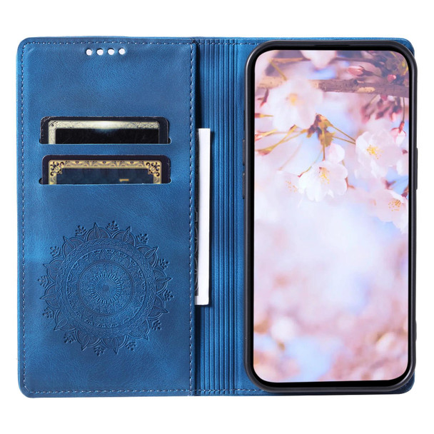 For Samsung Galaxy A21s Totem Embossed Magnetic Leatherette Phone Case(Blue)